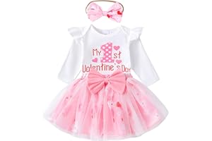 Baby Girl 1st Valentine Outfits Ruffle Sleeve Romper & Tulle Tutu Skirt & Headband Newborn Infant Cute Heart Clothes Set