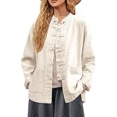 IXIMO Women's Linen Shirt Jakctes Vintage Cotton Long Sleeve Blouses Chinese Style Tunic Tops
