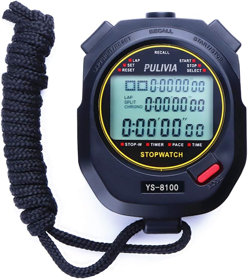 PULIVIA Sports Stopwatch Timer Lap Split Memory Digital Stopwatch, Countdown Timer Pace Mode 12/24 Hour Clock Calendar with Alarm, Large Display Water Resistant Battery Included
