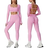 ABOCIW Workout Sets for Women 2 Piece Seamless Backless Long Sleeve Crop Top High Waisted Leggings Gym Sets