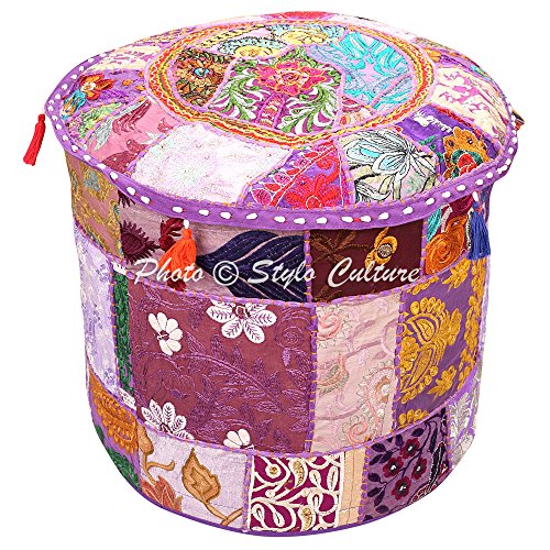 Stylo Culture Indian Pouffe Ottoman Cover Round Patchwork Embroidered Pouf Ottoman Cover Purple Cotton Floral Traditional Furniture Footstool Seat Puff Cover (18x18x13)