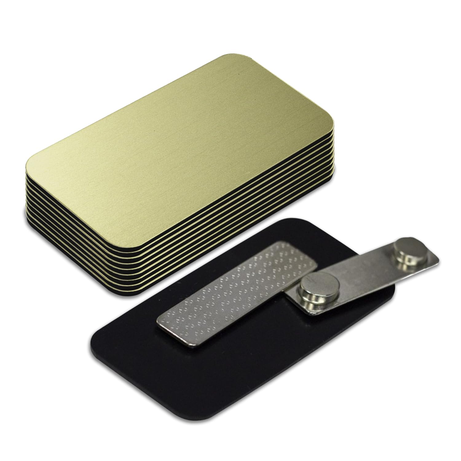 Name Tag/Badge Blanks - 10 Pack - Brushed Gold 1-1/2" X 3", Round Corners, Magnetic Backing
