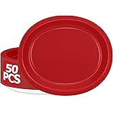 QZYL 50 Pcs Party Decorations, 12.2'' X 10.2'' Oval Large Paper Plates, Red Disposable Heavy Duty Paper Plates for Birthday Party, Wedding, Picnic, Barbecue, Holiday