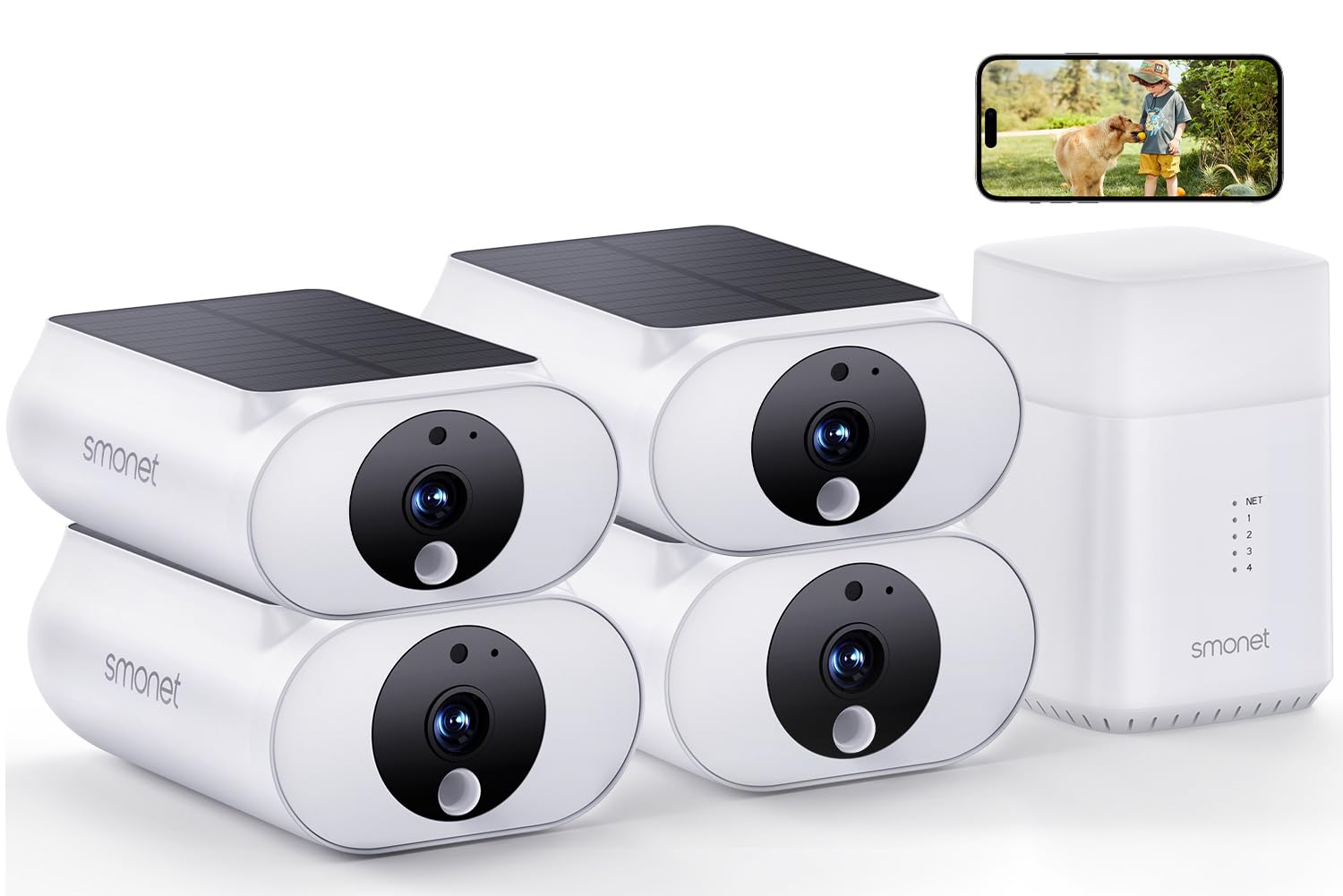 Photo 1 of Solar Security Cameras Wireless Outdoor, 2K WiFi Home Security Camera System, 4 Surveillance Cameras Kit Battery Powered, 128G Local Storage, Spotlight, Night Vision, No Monthly Fee
