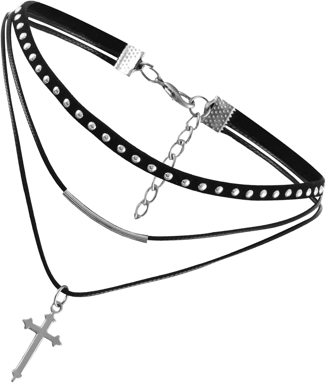 Flongo Choker Necklace for Women Girls Multi-Layer Black Velvet Rivets Pendant Cross Vintage Punk Rock Chain Adjustable Chain Fantasy Gifts Birthday Christmas All Saints Day