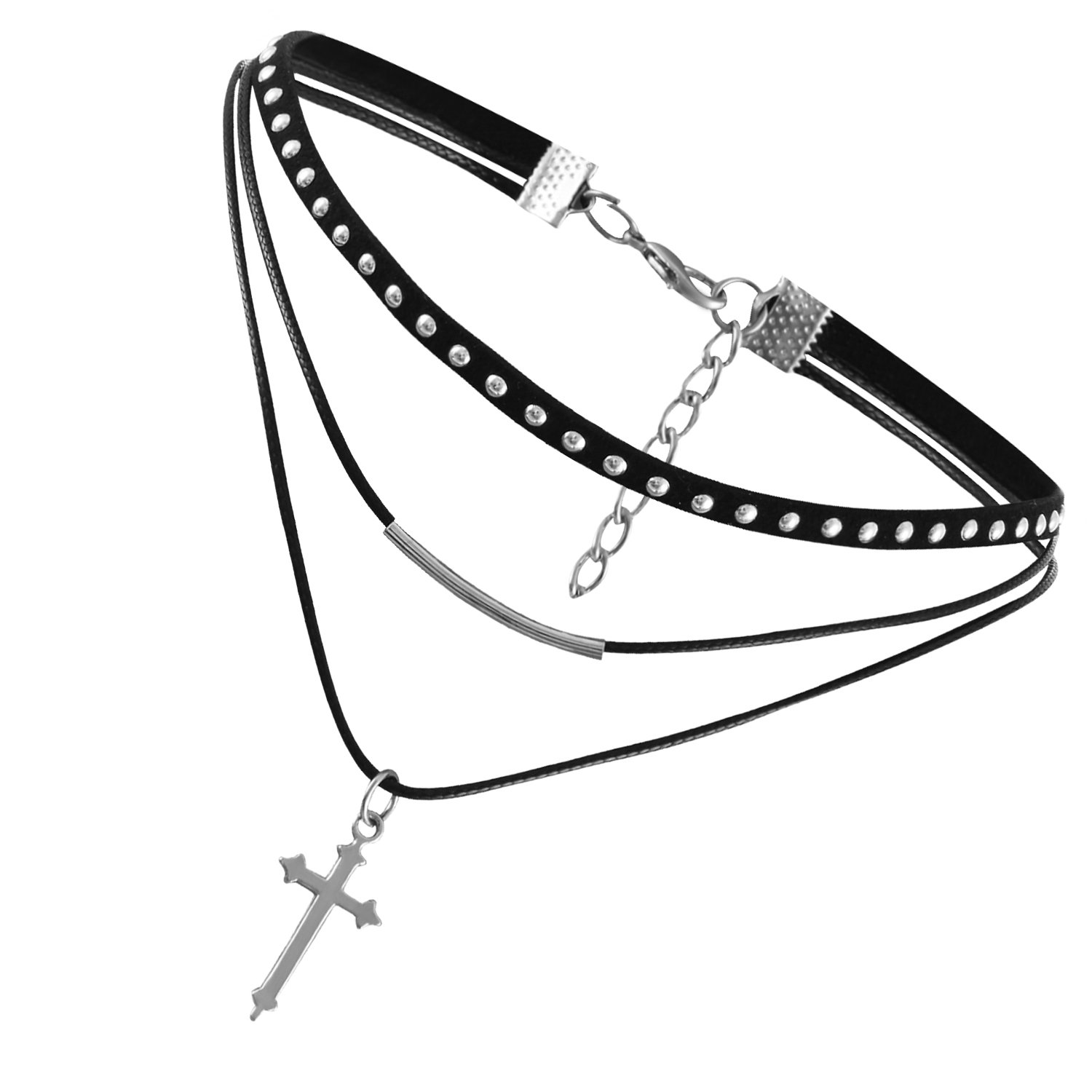 Flongo Choker Necklace for Women Girls Multi-Layer Black Velvet Rivets Pendant Cross Vintage Punk Rock Chain Adjustable Chain Fantasy Gifts Birthday Christmas All Saints Day, Leather Metal, Without,
