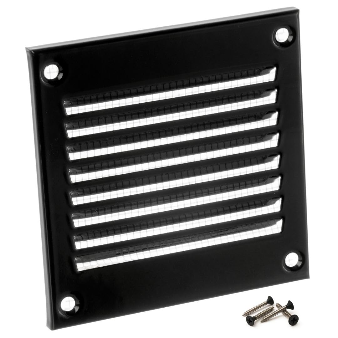 Steinberg14 Black 100x100mm Metal Air Vent Cover with Insect Mesh - 4x4 inch Ventilation Grille - Air Vent Register for Walls and Ceilings - Ventilation Cover for Outdoor and Indoor