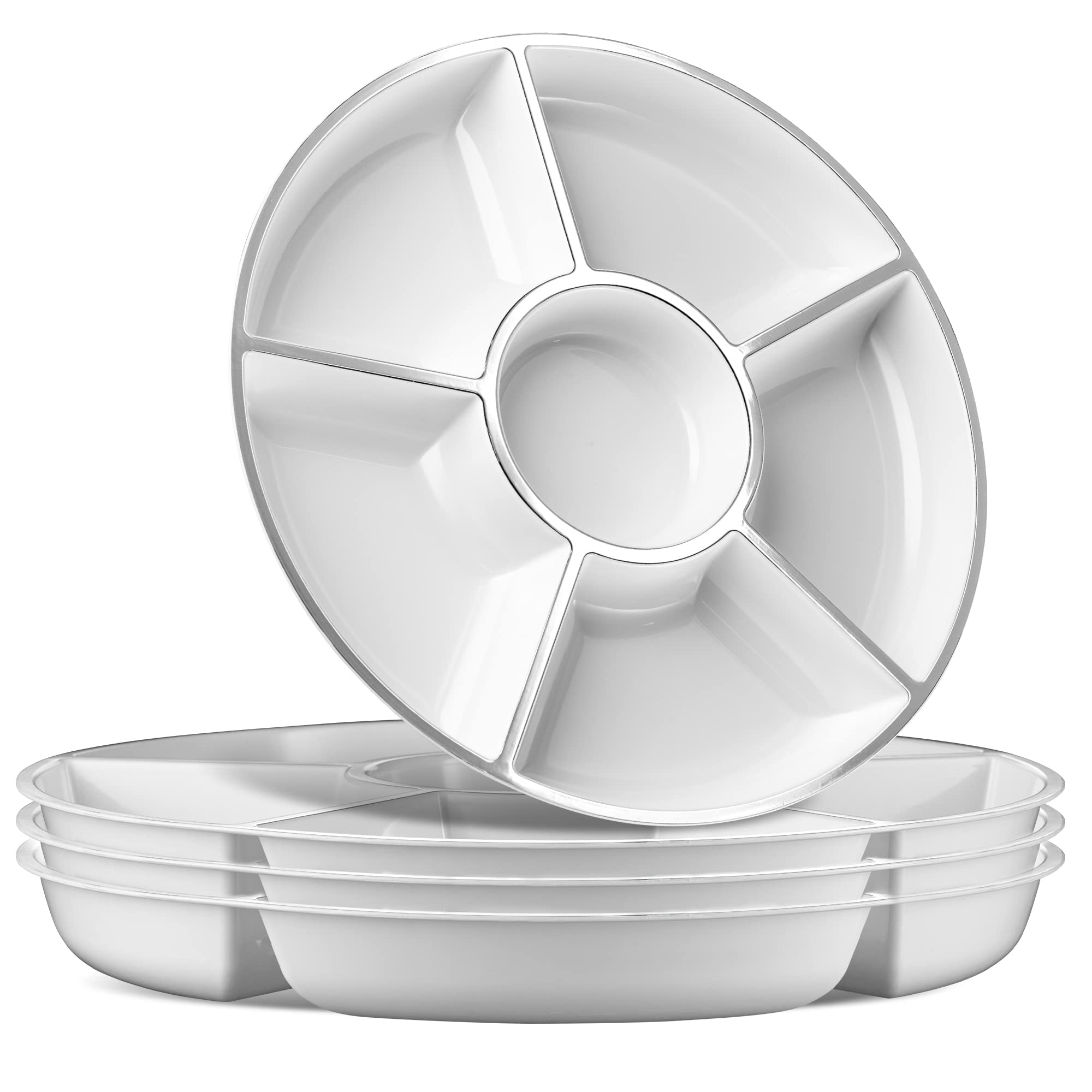 Photo 1 of **HAS BROKEN SIDE CORNERS** Plasticpro 6 Sectional Round Plastic Serving Tray/Platters White & Silver Pack of 2