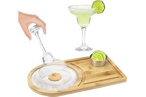 SNOMEL Margarita Salt Rimmer Set Wood Plate with 2.5'' (6.4 CM) Stainless Steel Bowl, Sugar Cocktail Glass Rimmers for Drinks