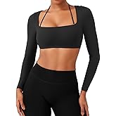 YEOREO Long Sleeve Crop Tops for Women Square Neck Workout Yoga Cropped T Shirt Top Padded Halter Neck with Detachable