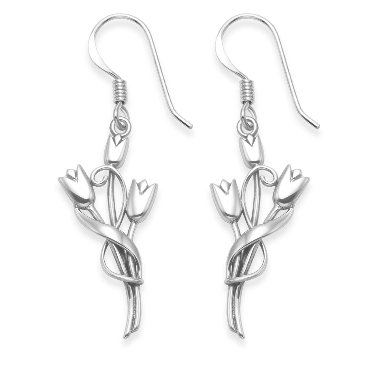 Sterling Silver Rennie Mackintosh Earrings - Three Tulips Drop Earrings - Size: 13mm x 25mm (40mm Including Earring Wire). Gift Boxed. 6107/B54HN.