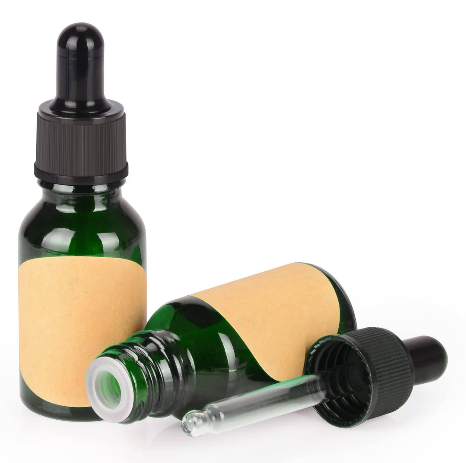 stonylab 15 ml 2-Pack Glass Dropper Bottle, Green Empty Bottle with Glass Dropper, Inner Plug and Label for Laboratory Solutions