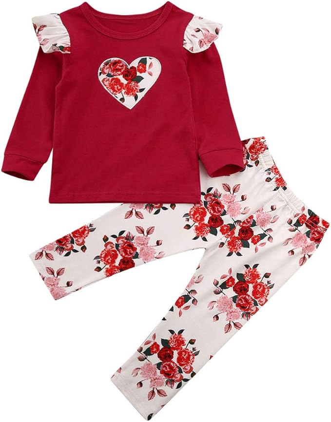 Amazon Co Jp 幼児幼児の赤ちゃんの女の子のバレンタインデーの衣装フリル長袖ラブハートtシャツトップ花柄パンツ服セット 服 ファッション小物