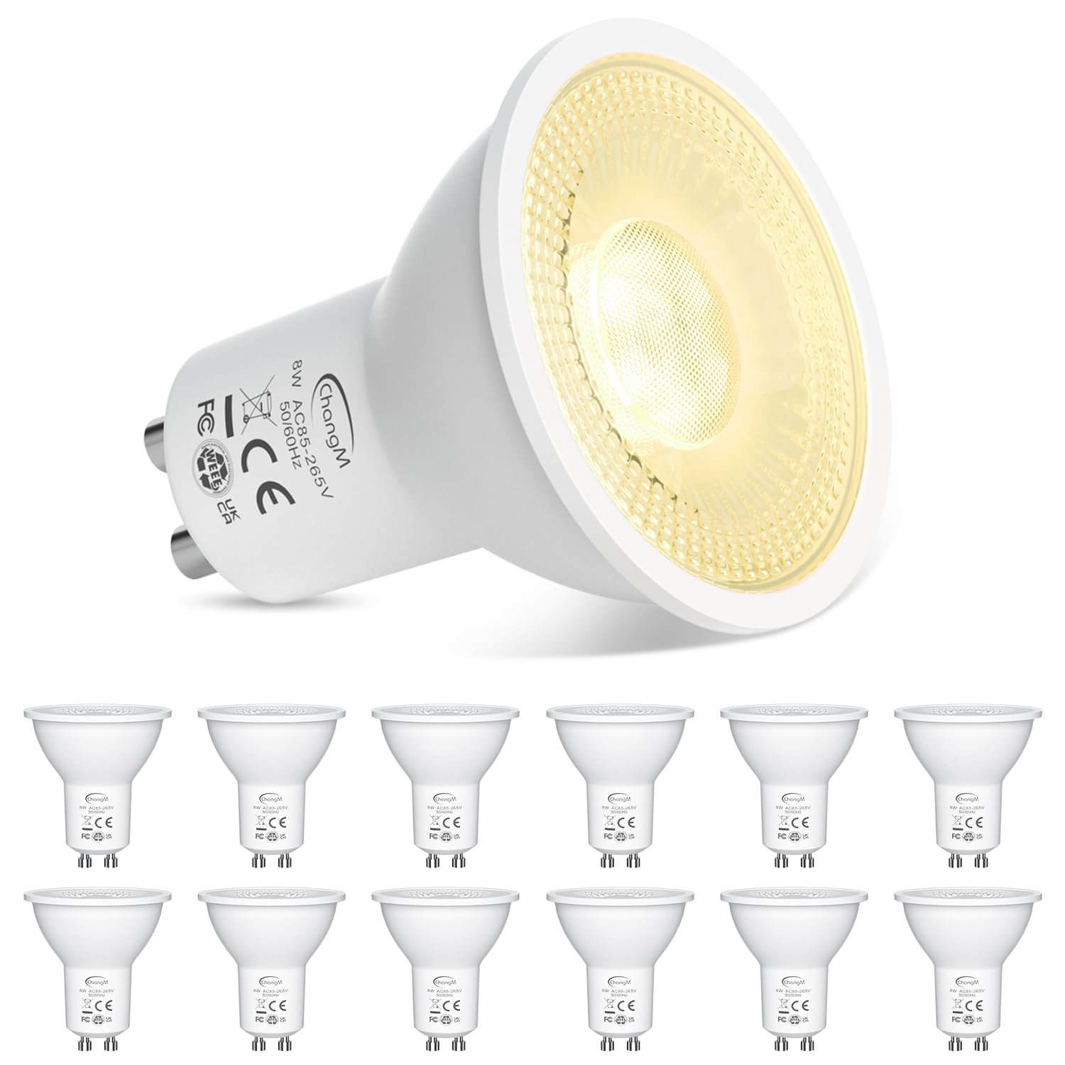 ChangM GU10 LED Bulbs, Warm White 2700K, 8W 720lm, 70W Halogen Spotlight Bulb Equivalent, Energy Saving GU10 LED Light Bulbs, 100° Wide Beam, Non-dimmable, Pack of 12