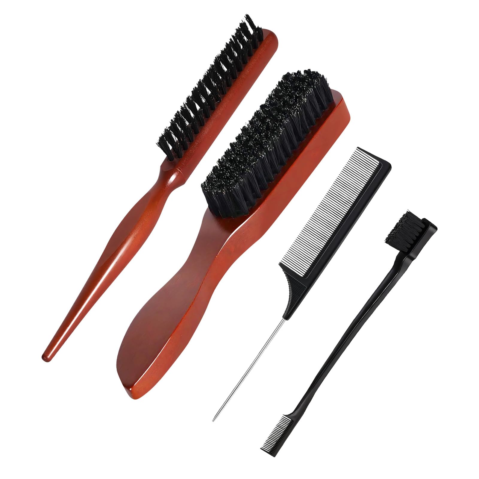 4 Pcs Slick Back Hair Brush, Slick Brush with Plastic Comb and Eyebrow Brush, Smoothing Hair Brush, for Styling, Teasing & Beard Grooming on Thick, Curly, Dry or Damaged Hair