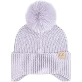 C.C Kids Ear Flap Fur Pom Beanie for Boys Girls - Comfortable Soft Warm Children Youth Knit Skully Hat with Faux Fur Pom