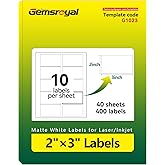 Gemsroyal 2"×3" Address Labels Printable,3×2 inch White Matte Shipping Label Stickers for Laser/Inkjet Printer,3"×2" Name Tags Custom Sticker Paper,40 Sheets,400 Blank Labels in Total