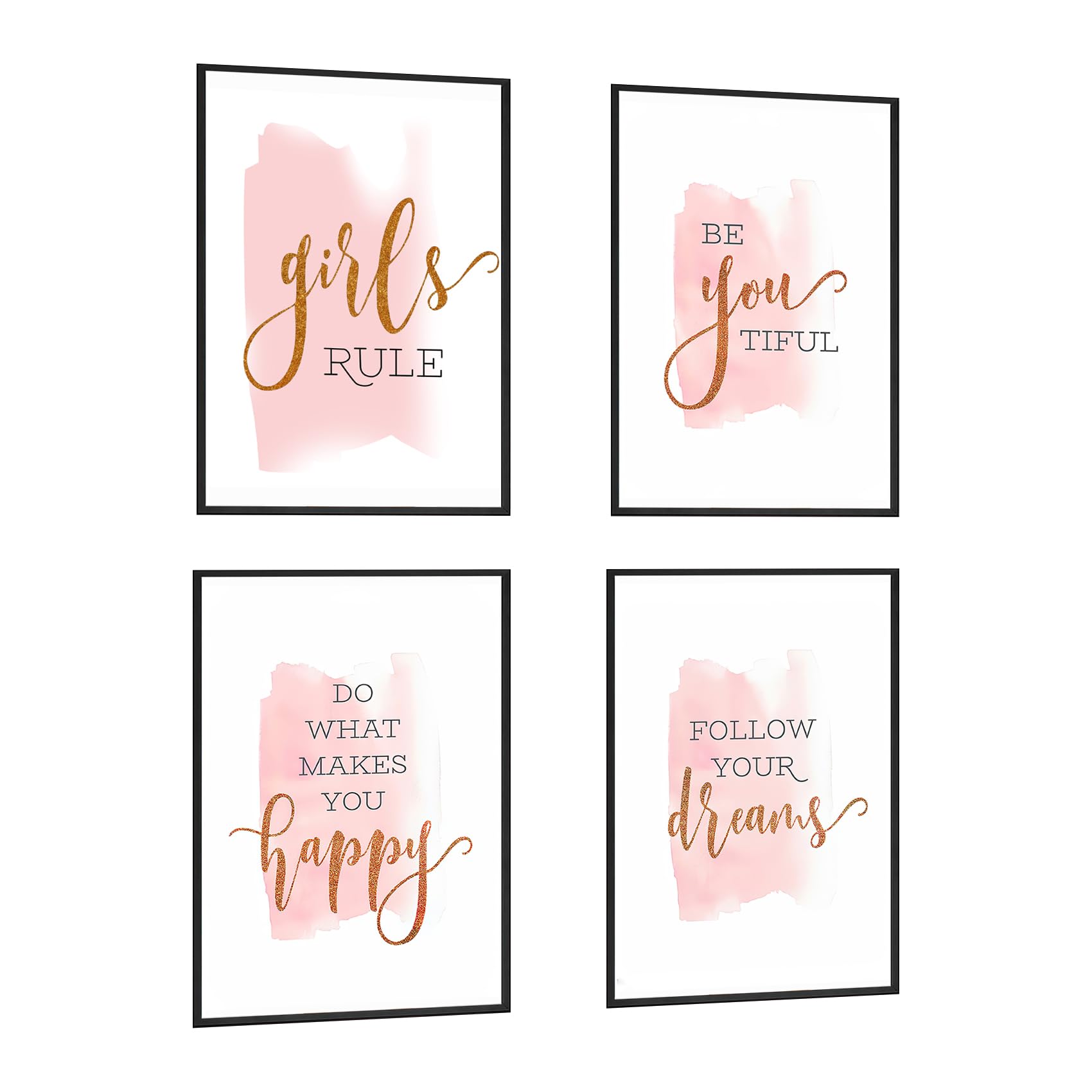 KLPOARTQ Set of 4 Framed Inspirational Pink Quotes Canvas Wall Art Nordic Posters Prints Pictures for Girls Bedroom Living Room Home Decor