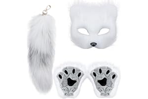 NWSTESLE Furry Therian Mask and Tail for Kids,Animal Fox Mask Wolf Tail Paws Set,Over 1 Years Old