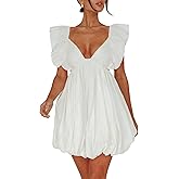 hibshaby Summer Mini Dress Deep V-Neck Babydoll Dress Bubble Dress Backless Lace Up Sexy Short Dress