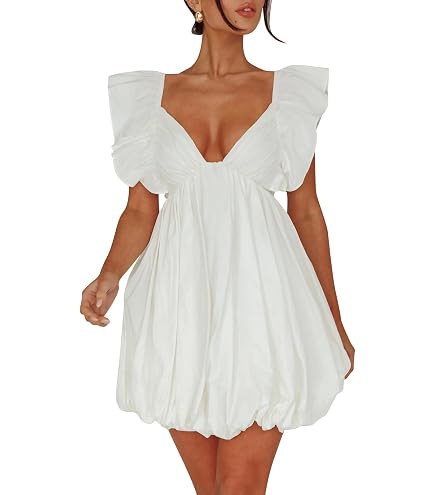 CHARTOU Women's Summer Cotton Ruffle Sleeve Short Dress Sexy V Neck Backless Puffy Pleated Babydoll Dress (X-Small, White) : Clothing, Shoes & Jewelry