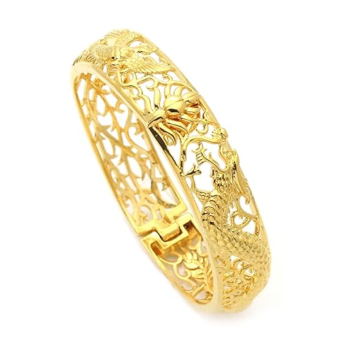 PEAS 18K Gold Plated Jewelry Dragon Phoenix Cuff Bracelet (Hollow