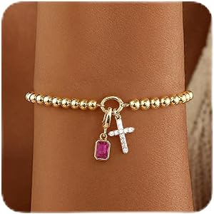 KELAIEN Birthstone Gold Beaded Bracelets for Women Trendy Cross Bracelet | 14K Gold Plated,Cute Friendship Bracelets for Wome