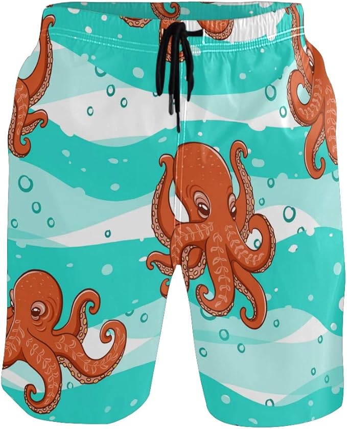 ALAZA Orange Octopuses Swim Trunks Quick Dry Beach Shorts Beachwear with Mesh Lining