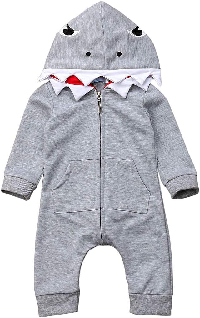 BowanadaclesNewborn Infant Baby boy Girl Cartoon Shark Long Sleeve Hooded Jumpsuit Bodysuit Romper Zipper Outfit