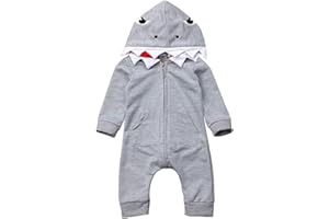 BOWANADACLES Newborn Infant Baby boy Girl Cartoon Shark Long Sleeve Hooded Jumpsuit Bodysuit Romper Zipper Outfit