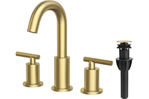 TRUSTMI Bathroom Faucet 3 Hole Brushed Gold - 8 Inch Widespread Brass Bathroom Vanity Sink Faucets in Gold with Swivel Spout, Include Overflow Drain and cUPC Supply Lines