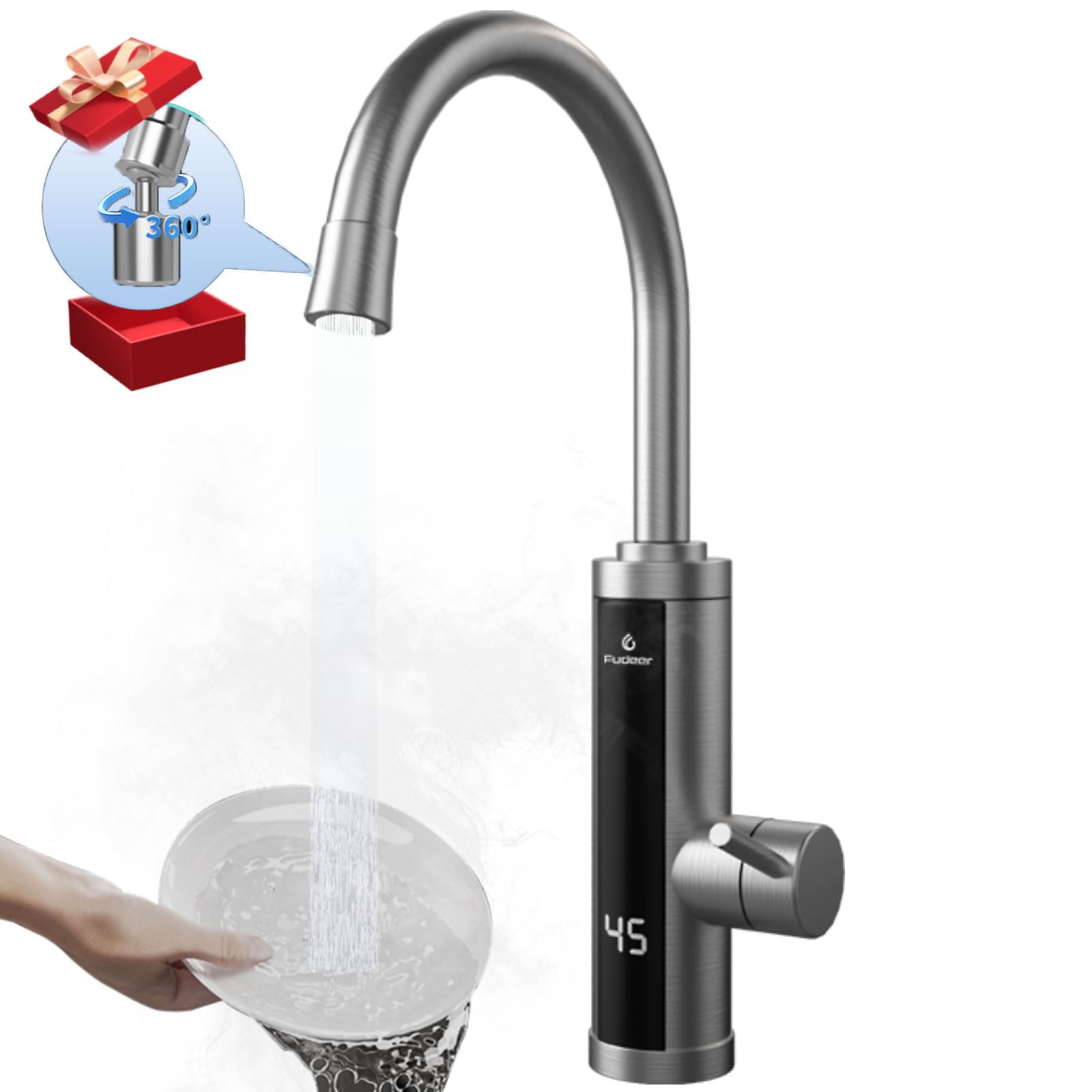 Electric Hot Water Tap with Universal Nozzle, Instant Heating Faucet for Kitchen, Stainless Steel Water Heater Tap Supply Hot and Cold Water Faucet with Digital Display (Silver)