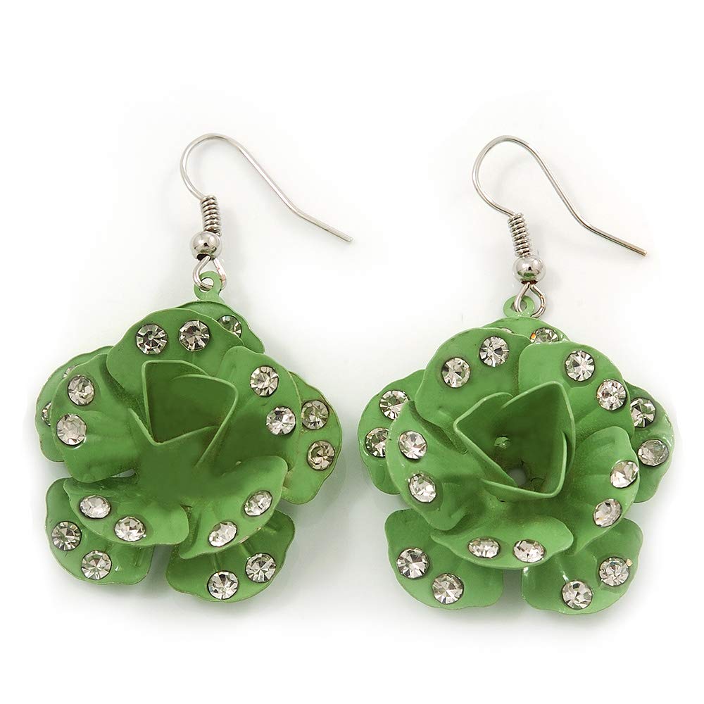3D Lemon Green Diamante 'Rose' Drop Earrings In Silver Plating - 5cm Length