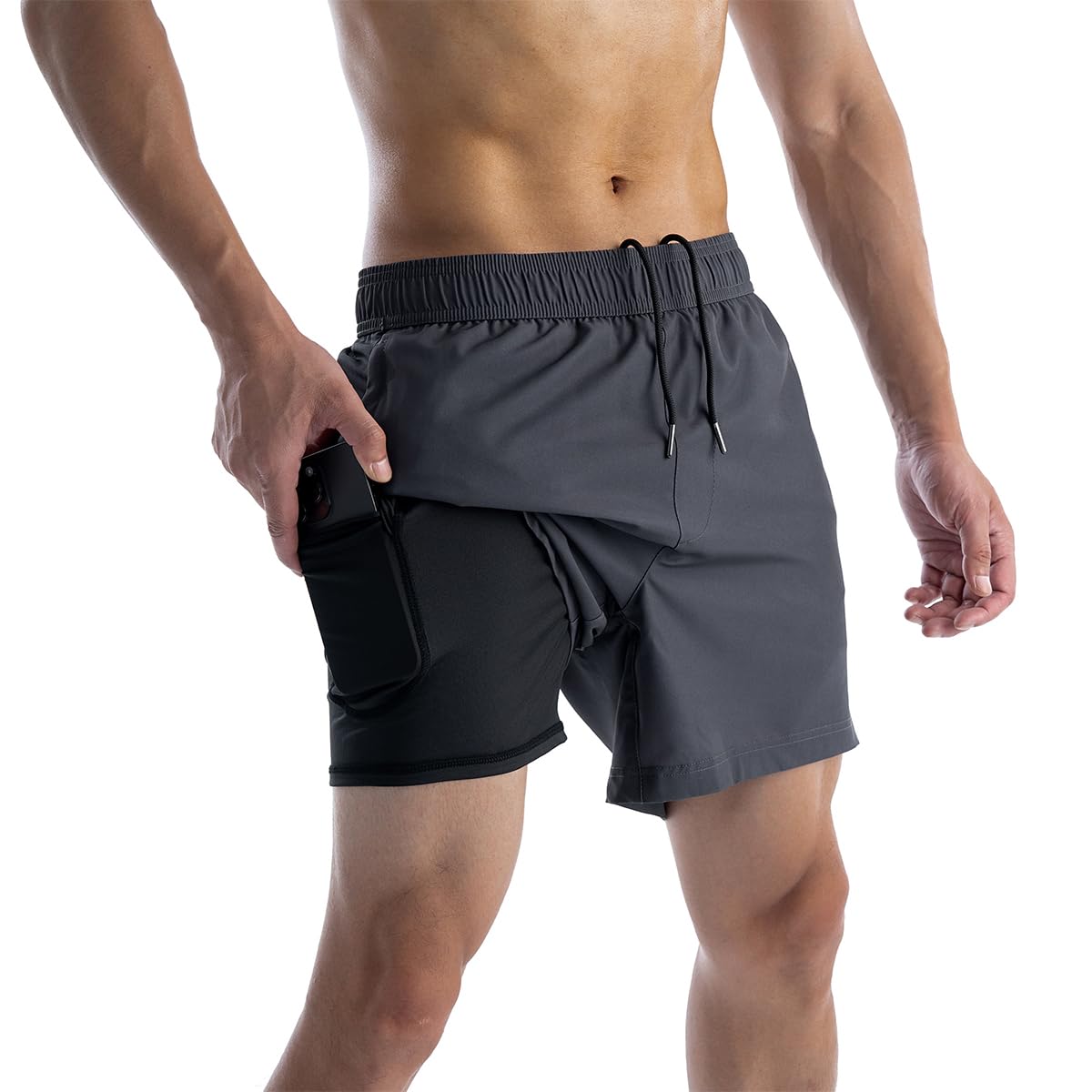 Photo 1 of NianEr Mens 5.5 inch Gym Athletic Workout Running Exercise Training Sport Track Active Tennis Stretch 2 In 1 Compression Liner Shorts Zipper Pockets Yoga Spandex Cycling Soccer Summer Shorts