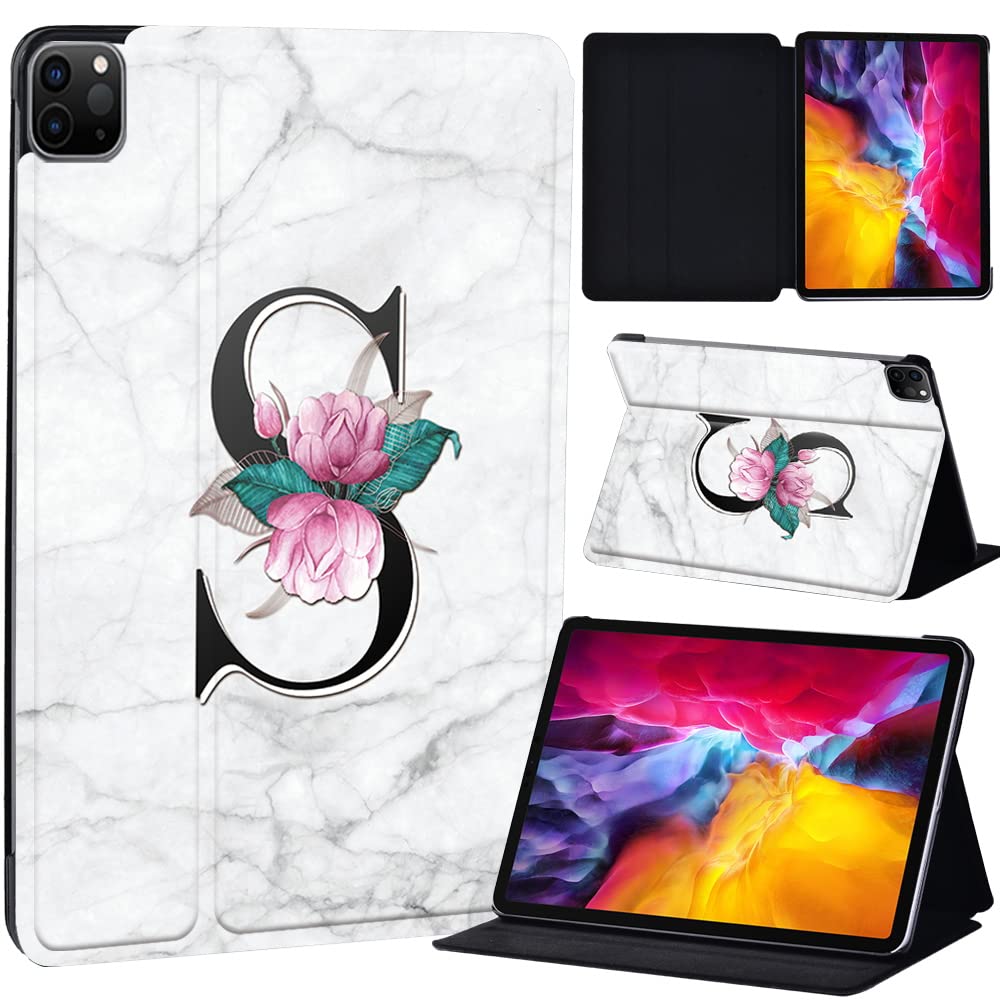 PU Leather + hard shell Ultra slim lightweight Folio Flip Tablet Stand Smart Cover Case Fit iPad Air 4 10.9" (2020) / iPad Pro 11" (2018 2020 2021) (letter S on white marble)