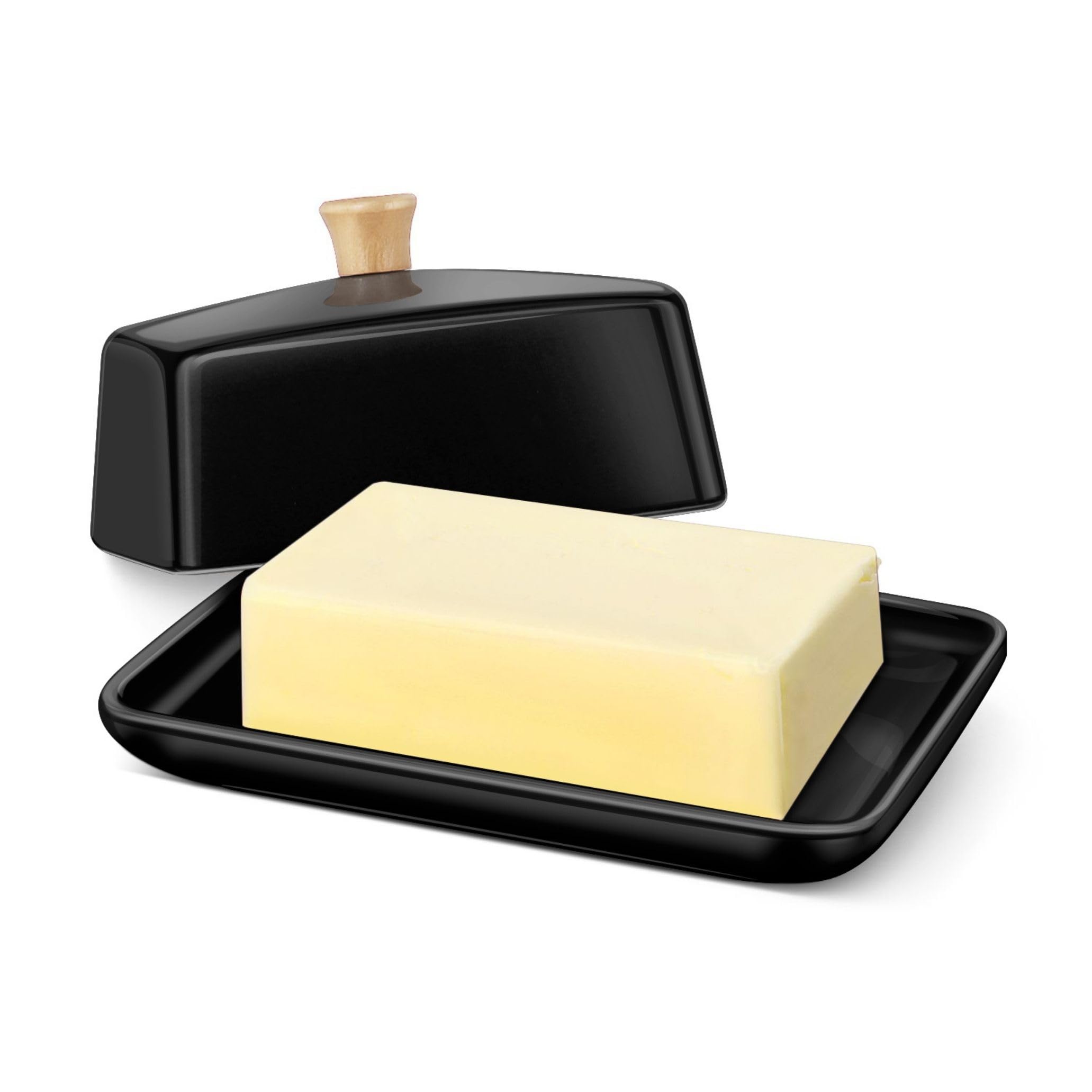 Flexzion Ceramic Black European Butter Dish with Lid for Countertop (8 Inch) - Wide 2 Stick Double Butter Holder for Counter, Cream Cheese Container Storage Keeper