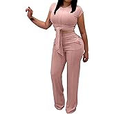 EDITCOZY Women 2 Piece Outfits Sexy Tie Front Crop Top Wide Leg Pants Sets Casual Summer Ribbed Two Piece Set