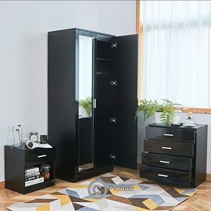 High Gloss 3 Piece Black Bedroom Furniture Set Soft Close Mirror
