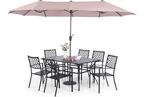 Sophia & William Patio Dining Set with 13ft Double-Sided Patio Umbrella, 8 Piece Metal Outdoor Table Furniture Set with 6 Stackable Chairs, 1 Rectangle Dining Table and 1 Large Beige Umbrella