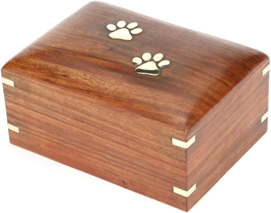 SOULURNS - Brass Paw Print Rosewood Wooden Urns for Pet Ashes, Wood Cremation Urn for Ashes, Pet Urn, Wooden Box, Funeral Urn Box