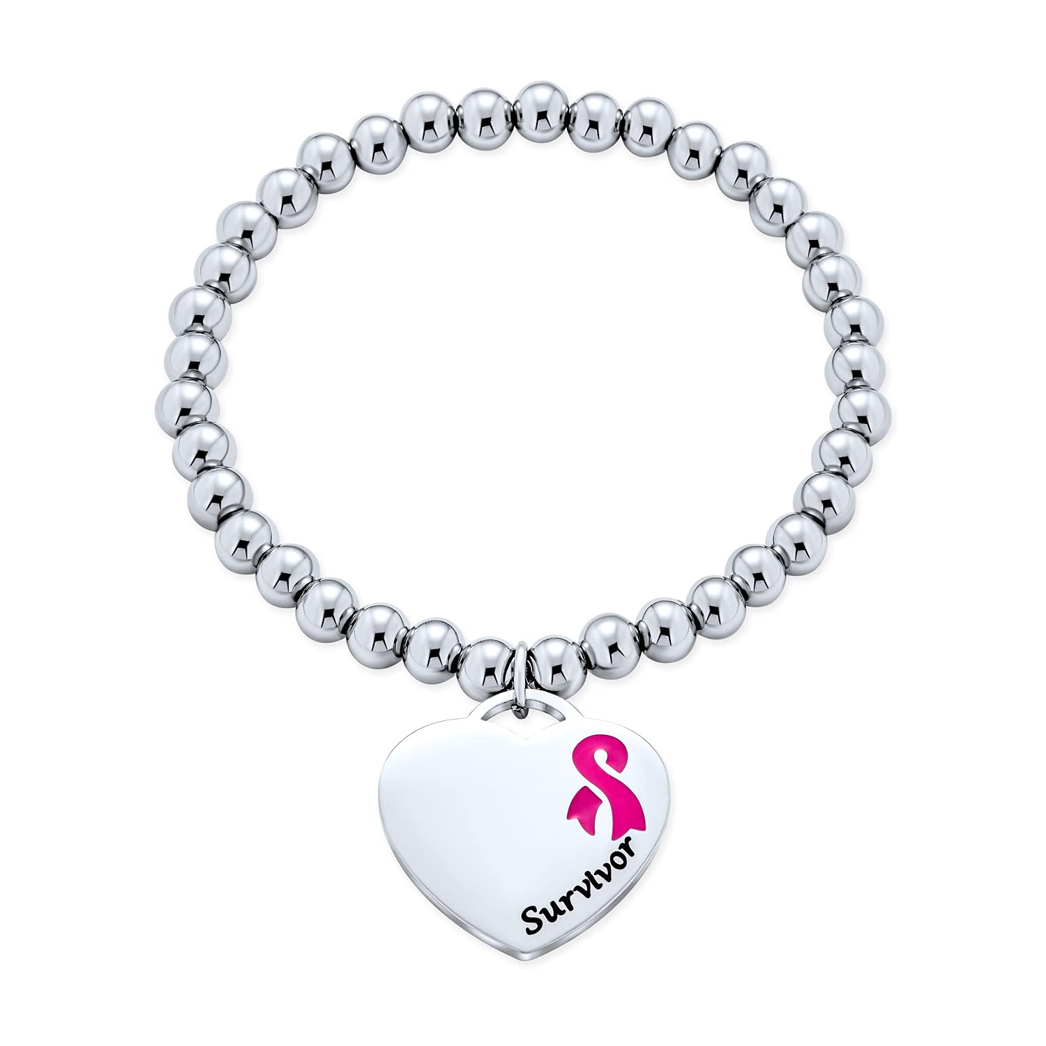 Bling Jewelry Heart Shape Charm Pre-Engrave Saying Message Poem Pink Ribbon Breast Cancer Survivor Stretch Bead Bracelet For Women Silver Tone Stainless Steel