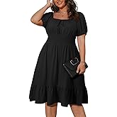 Eytino Plus Size Dress for Women Short Sleeve Square Neck Casual Mini Short Dresses for Wedding Guest(1X-5X)