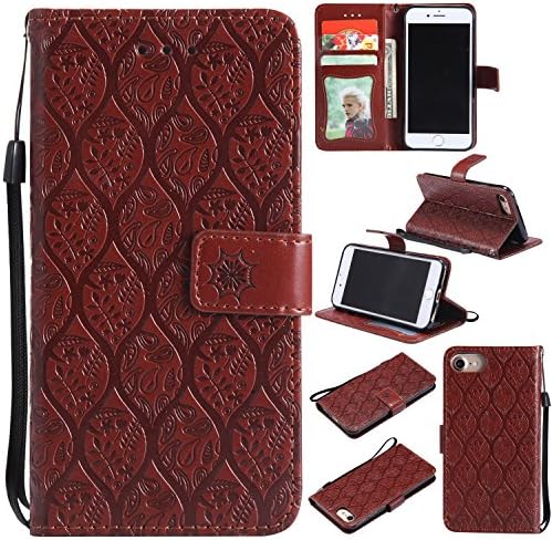 iPhone 8 Wallet Case iPhone 7 Case LEMY JOURNEY Vintage Emboss Floral PU Leather&amp;Soft TPU[Card/Cash Slots][Wrist Strap]Wallet Magnetic Flip Case For iPhone 8/7 (FV-BROWN)