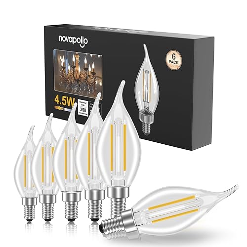novapollo Dimmable E12 Candelabra LED Light Bulbs,CA11 40 Watt Equivalent 2700K Soft Warm White Chandelier Light Bulbs for Bedroom,350LM 4.5W Efficient,6-Pack