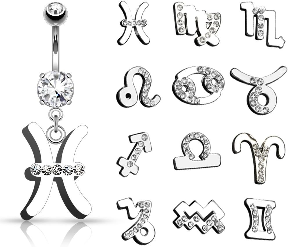 TheMaddHatter Zodiac Sign Dangle Navel Belly Ring (316L) Surgical Steel 14g (1.6mm) (1 Piece)