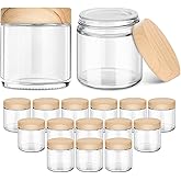 16 Pack 4 OZ Glass Jars with Lids, Small Glass Containers with Plastic Woodgrain Lids & Inner Liners, Reusable Travel Containers for Creams, Makeup, Lotion, Cosmetic, Ointment