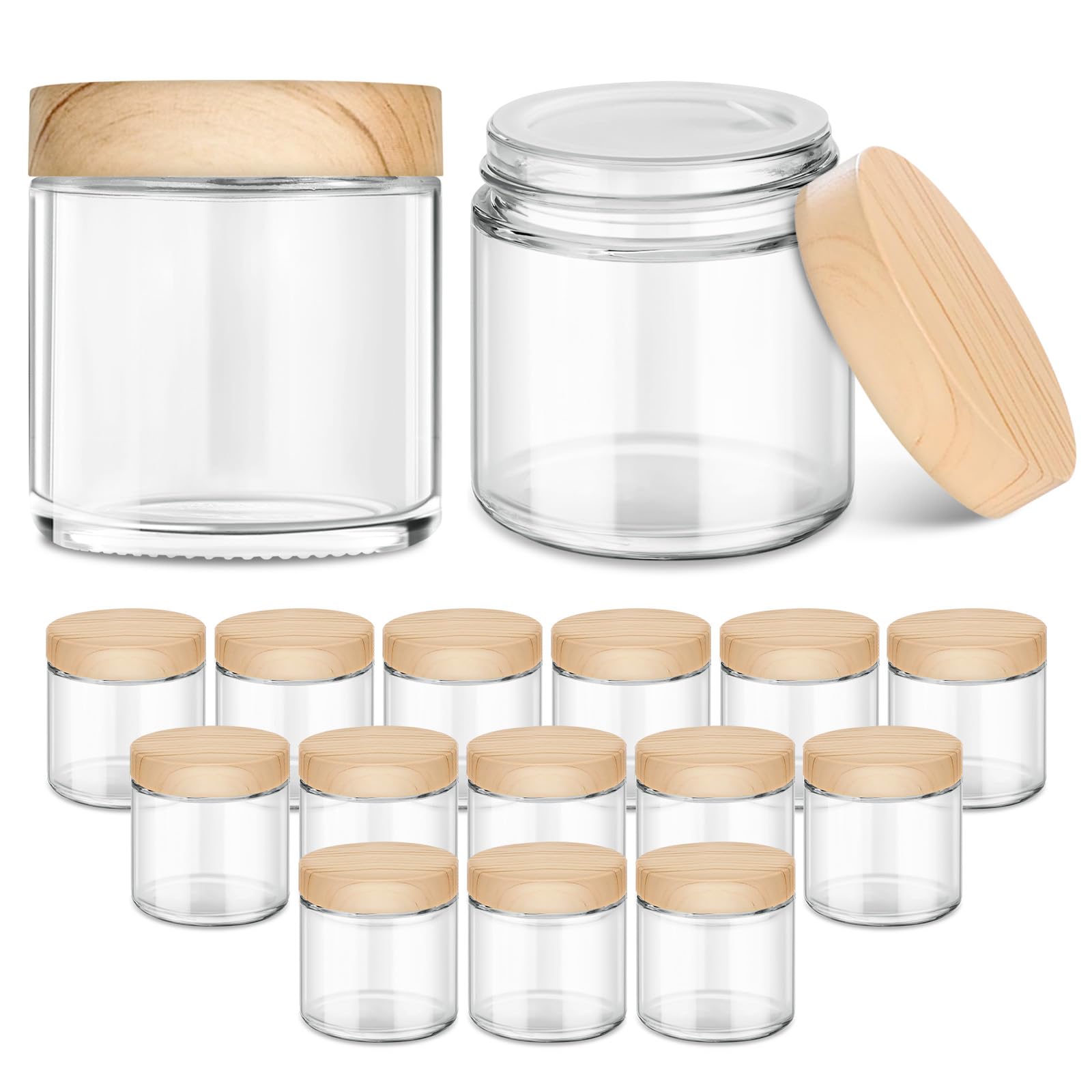 Photo 1 of 16 Pack Small Glass Jars with Lids, 4 oz Glass Containers with Plastic Woodgrain Lids & Inner Liners, Reusable Travel Containers for Creams, Makeup, Lotion, Cosmetic, Ointment