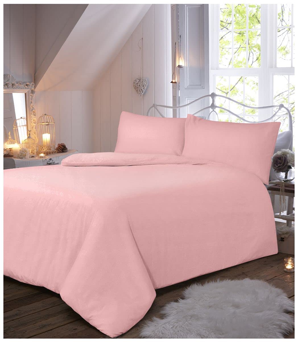 GAVENO CAVAILIA Easy Care Solid Flannel Duvet Cover with Matching Pillow Cases, 100% Brushed Cotton Luxury Quilt Set, Soft & Cosy Linen, Pink, Kingsize Bedding, King, 423065