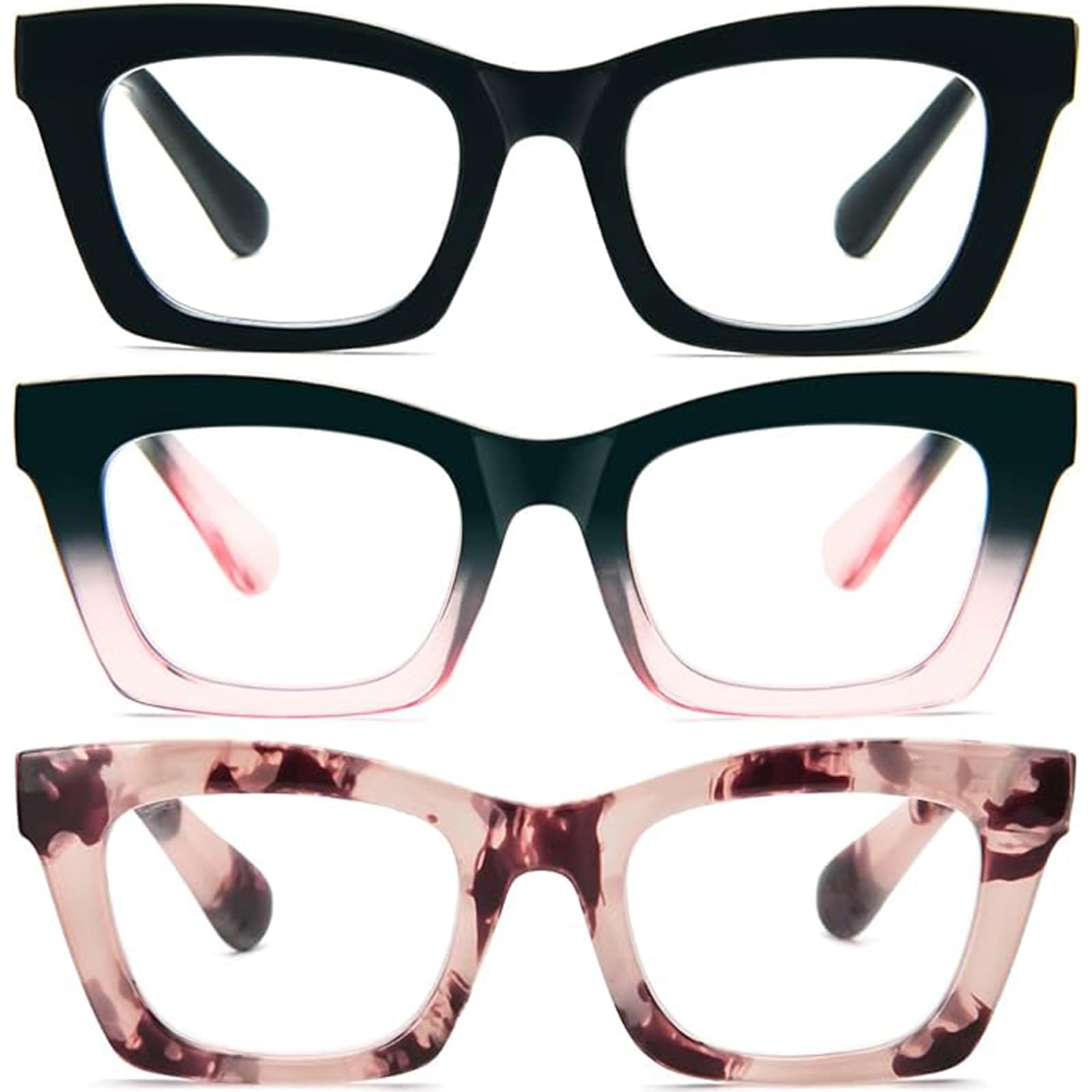 MMOWW 3 Pack Oversized Reading Glasses for Women Square Frame Fashion Style Readers Blue Light Blocking Reading Glasses (Black+Black Pink+Pink Tortoiseshell, +1.0) — image 1