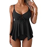 Aidonger Tankini Swimsuit for Women Tummy Control Two Piece Bathing Suit O-Ring Flowy Swimwear Top with Bottom Black